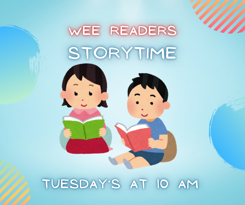 Two kids reading a book Wee Readers Storytime Tuesday's at 10 AM
