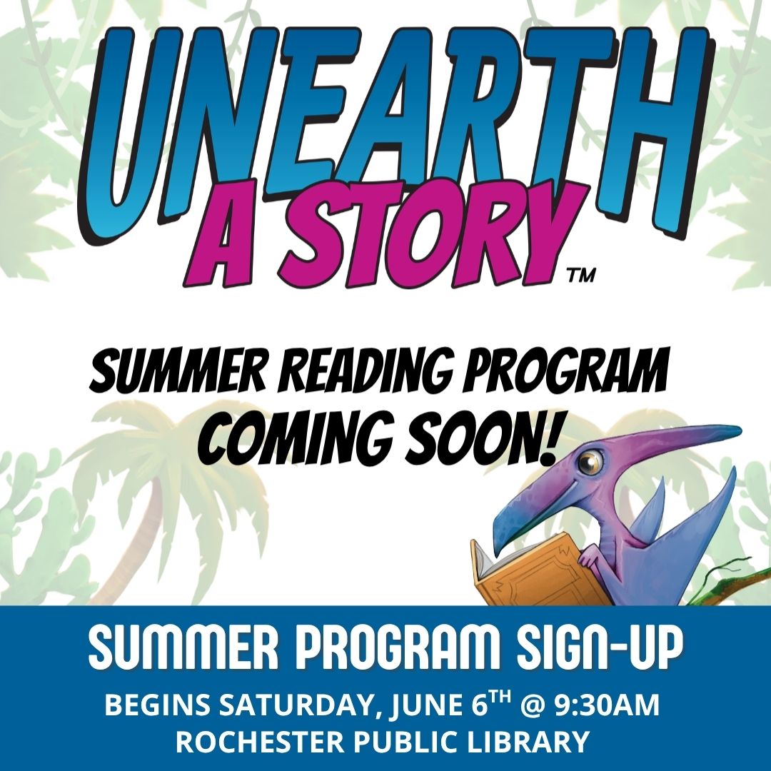 Unearth a story Summer reading program coming soon picture of a dinosaur and a book