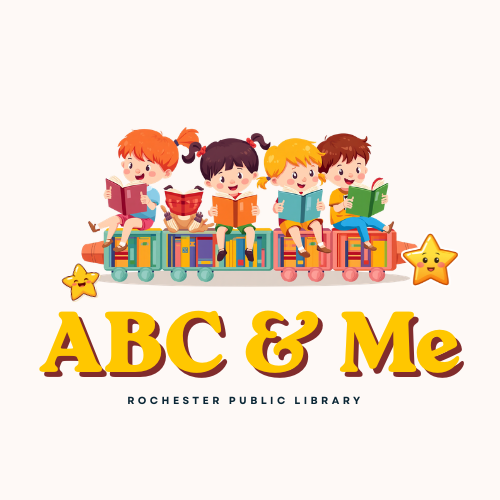 cartoon kids reading books sitting on a crayon train. Text ABC & Me Rochester Public Library